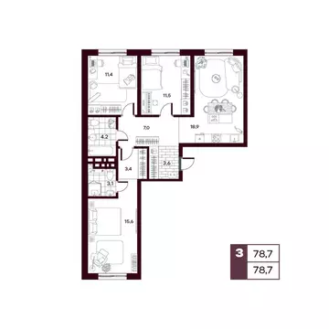 3-комнатная квартира: Дударева, ЖК Макс (77.86 м)