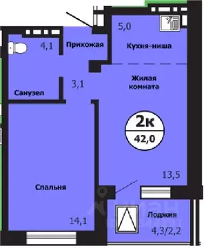 2-к кв. Красноярский край, Красноярск ул. Лесников, 51Б (42.0 м)