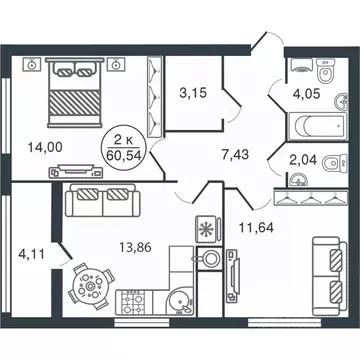2-к кв. Тверская область, Тверь Бурашевское ш., 60 (60.54 м)