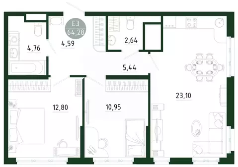 2-к кв. Тульская область, Тула Платон Парк жилой комплекс (64.28 м)