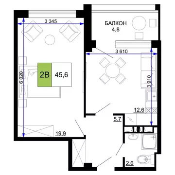 2-к кв. Краснодарский край, Анапа Мореград жилой комплекс (45.6 м)
