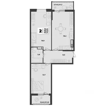 2-к кв. Краснодарский край, Краснодар  (63.5 м)