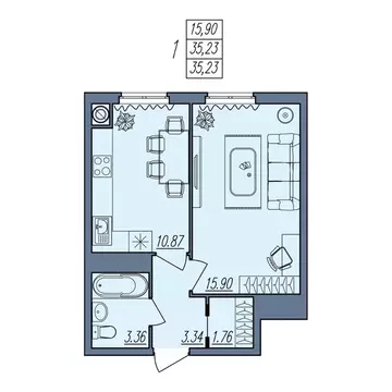 1-к кв. Волгоградская область, Волгоград Новый жилой комплекс (35.23 ...