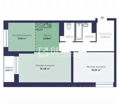 2-к кв. Ярославская область, Ярославль Чернопрудная ул., 15 (57.46 м)