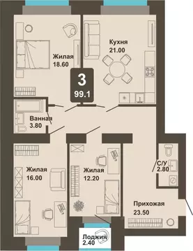 3-к кв. Чувашия, Чебоксары ул. И.П. Прокопьева (99.1 м)