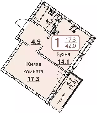 1-к кв. Чувашия, Чебоксары ул. Герцена, поз3 (42.0 м)