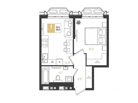 1-к кв. Краснодарский край, Краснодар Самолет кв-л,  (35.3 м)