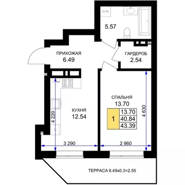 1-к кв. Калининградская область, Гурьевск Включи жилой комплекс (43.39 ...