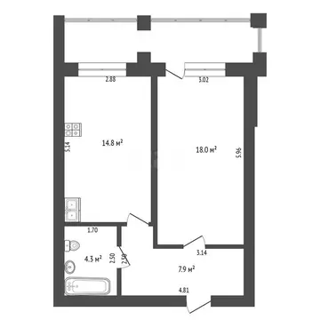 1-комнатная квартира: Тюмень, улица Самарцева, 3 (45 м)