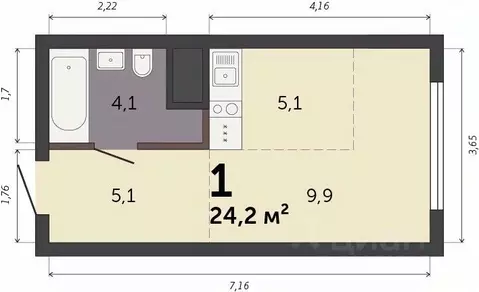 Студия Свердловская область, Екатеринбург Южный жилрайон,  (24.2 м)