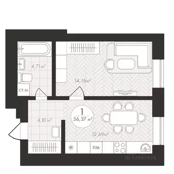 1-к кв. Башкортостан, Уфа Южный-2 мкр,  (36.37 м)