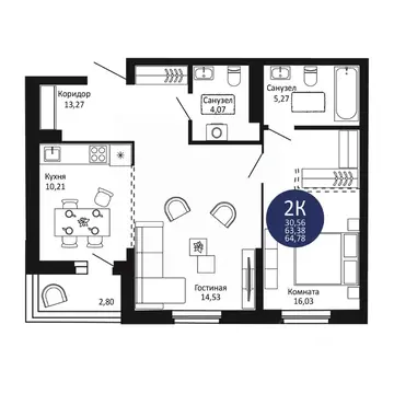 2-к кв. Новосибирская область, Новосибирск 1-й на Рябиновой жилой ...