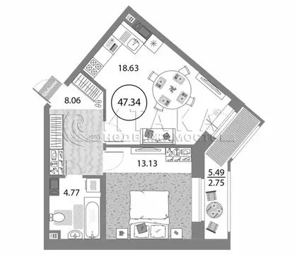 1-комнатная квартира: Санкт-Петербург, проспект Авиаконструкторов, 54 ...