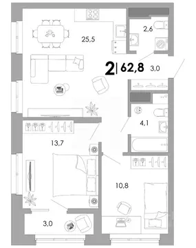2-к кв. Владимирская область, Владимир Уно жилой комплекс (62.82 м)