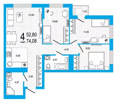 4-комнатная квартира: Уфа, Яркий бульвар, 8/1 (74.08 м)