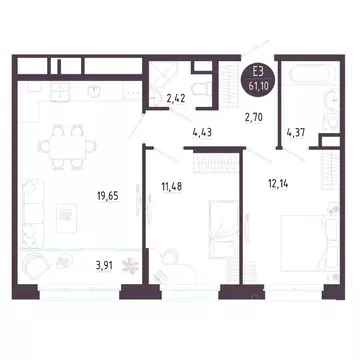 2-к кв. Тульская область, Тула ул. Пряничная, 6 (61.1 м)