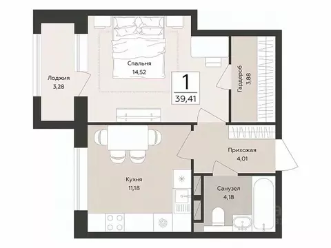 1-к кв. Воронежская область, Воронеж Эклипс жилой комплекс (39.41 м)