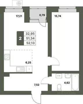 2-к кв. Башкортостан, Уфимский район, с. Миловка  (52.13 м)