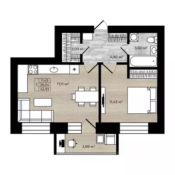 1-к кв. Ярославская область, Ярославль Тормозное ш. (42.93 м)