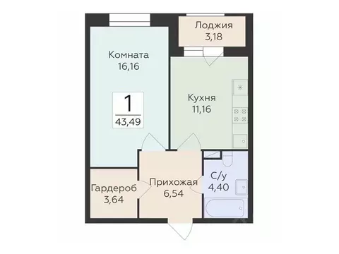 1-к кв. Воронежская область, Воронеж ул. Матросова, 60 (43.49 м)