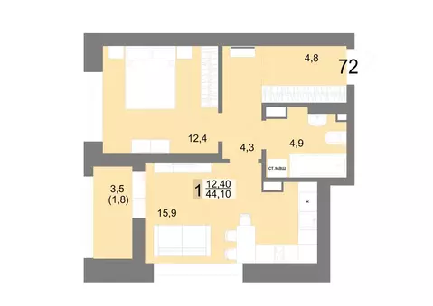 1-комнатная квартира: Екатеринбург, Посадская улица, 26 (44.1 м)