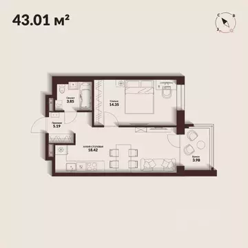 1-к кв. Приморский край, Владивосток Каскада жилой комплекс (43.0 м)