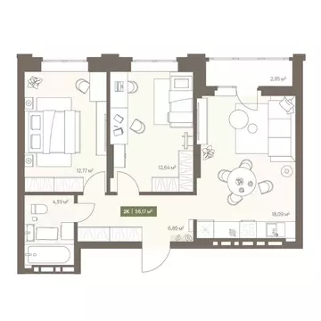2-к кв. Кемеровская область, Кемерово Московский просп., 23А (56.17 м)