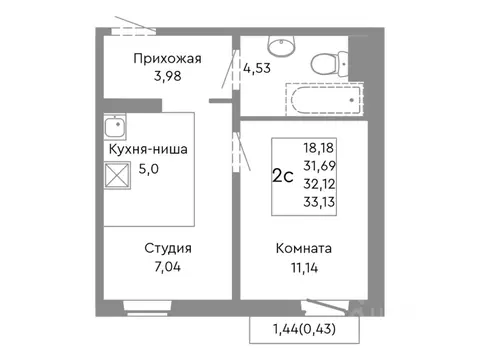 2-к кв. Челябинская область, Челябинск ул. Танкистов, 175 (32.12 м)