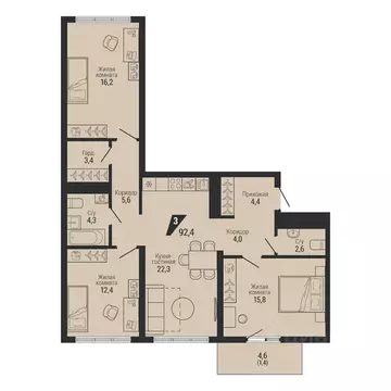 3-к кв. Свердловская область, Екатеринбург Вторчермет жилрайон,  (92.4 ...