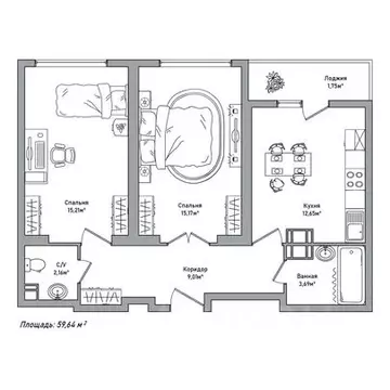 2-к кв. Ярославская область, Ярославль 2-й мкр,  (59.64 м)