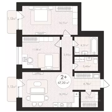2-к кв. Башкортостан, Уфа Южный-2 мкр,  (67.2 м)
