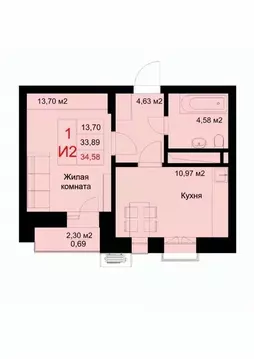 1-к кв. Татарстан, Казань ул. Рауиса Гареева (34.58 м)