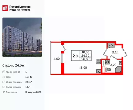 Студия Санкт-Петербург просп. Орлово-Денисовский, 20к1 (24.3 м)
