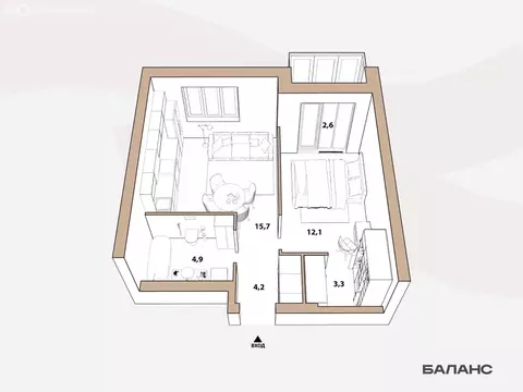 1-комнатная квартира: Тюмень, улица Республики, 204к17 (40.2 м)