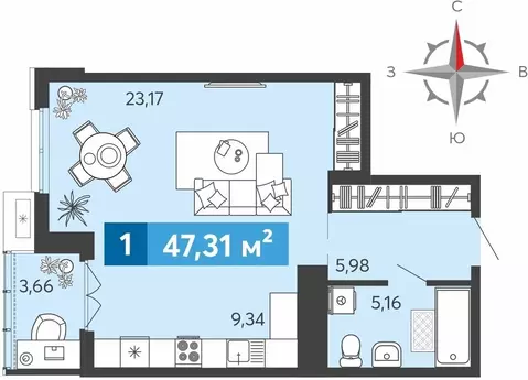 Квартира-студия: Засечное, Прибрежный бульвар, 5 (47.31 м)