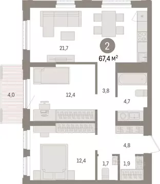 2-к кв. Липецкая область, Липецк пл. Петра Великого, 1 (67.4 м)