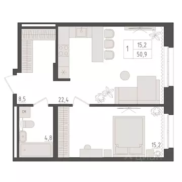 1-к кв. Башкортостан, Уфа 563-й кв-л,  (50.9 м)