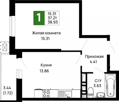 1-к кв. Адыгея, Майкоп 9 Мая ул., 14А (38.93 м)
