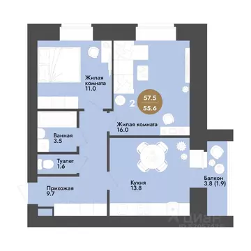 2-к кв. Вологодская область, Вологда ул. Преображенского (57.5 м)