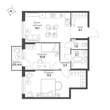 2-к кв. Свердловская область, Екатеринбург Солнечный жилрайон,  (59.0 ...