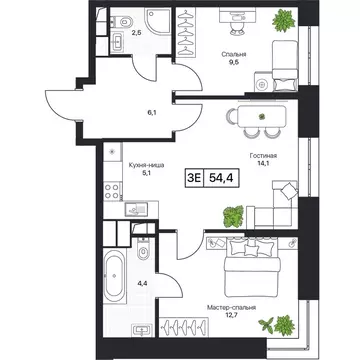 2-комнатная квартира: Пушкино, ЖК Пушкино Град (54.3 м)