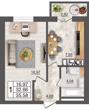 1-к кв. Смоленская область, Смоленск Максимум жилой комплекс (35.58 м)