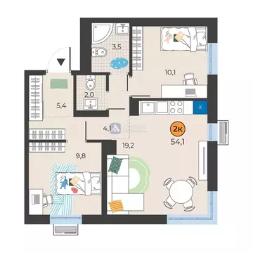 2-к кв. Тюменская область, Тюмень ул. Надежды Шалагиной, 4 (54.1 м)