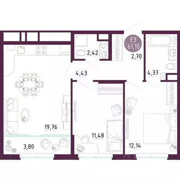 2-к кв. Тульская область, Тула ул. Купцов Гречихиных (61.1 м)