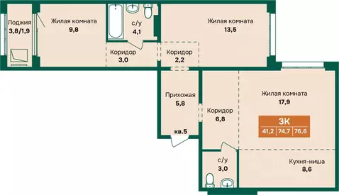 3-к кв. Алтайский край, Барнаул Камчатка жилой комплекс (76.6 м)
