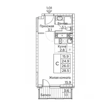 1-к кв. Приморский край, Владивосток ул. Расула Гамзатова, 7к3 (28.5 ...