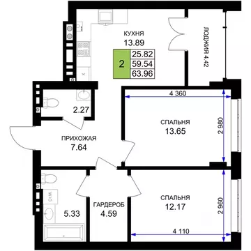2-к кв. Калининградская область, Гурьевск Включи жилой комплекс (63.96 ...