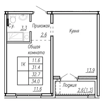 1-к кв. Алтайский край, Барнаул ул. Антона Петрова, 210Б (32.7 м)