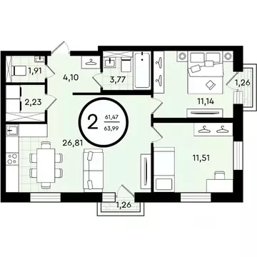 2-к кв. Тюменская область, Тюмень ул. Александра Звягина, 2 (63.99 м)