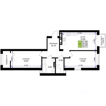 2-к кв. Калининградская область, Гурьевск Включи жилой комплекс (74.77 ...